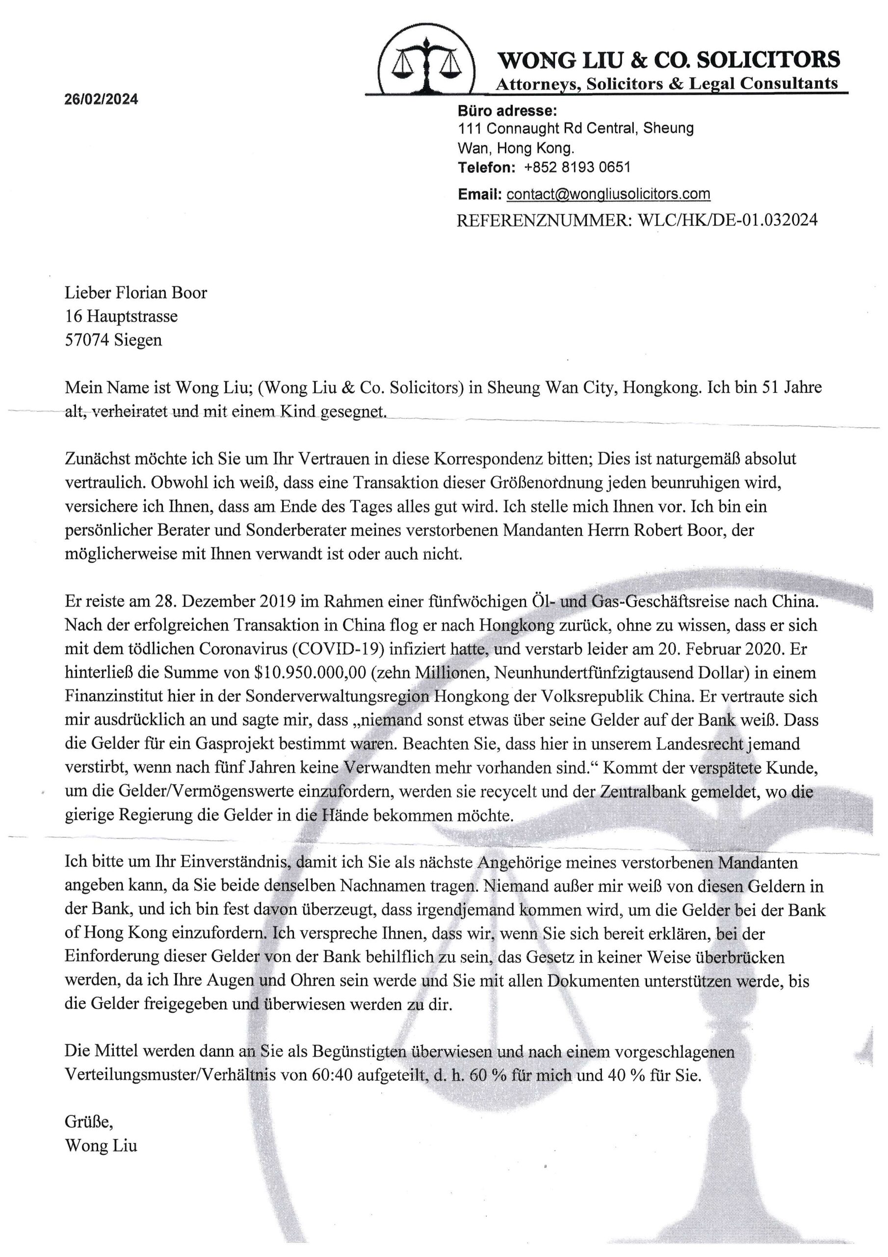 Spam Brief von Wong Liu & Co. Solicitors
